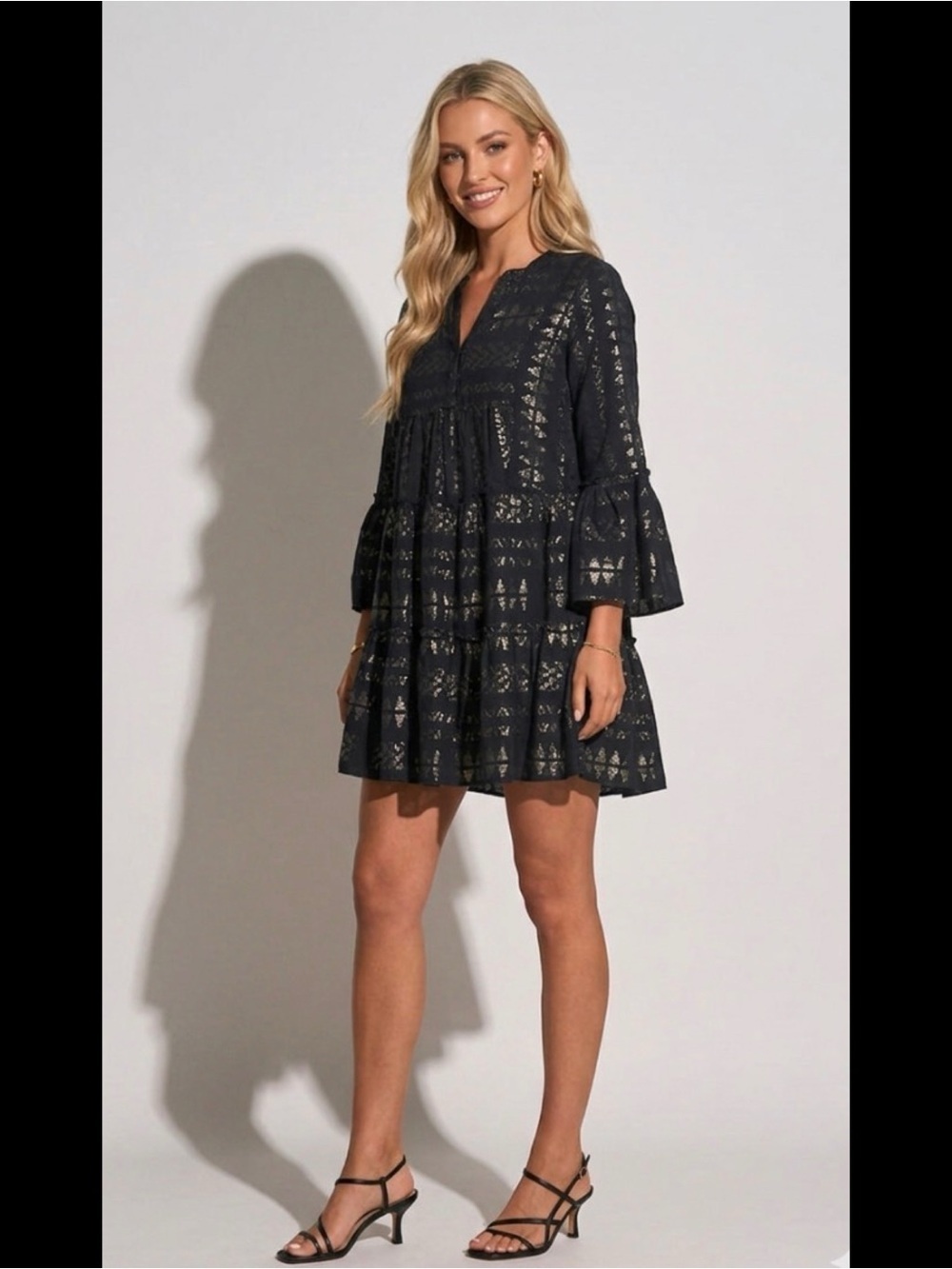 Elan Clara Black Gold Metallic Coquette Babydoll Tiered Mini Bell Sleeve Dress S